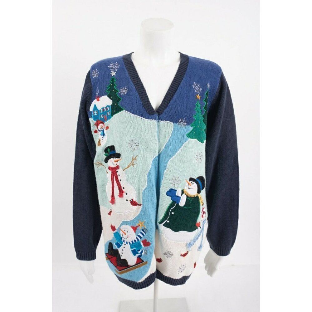 The Quacker Factory Womens Sweater Cardigan M Winter Snowmen Button Front Xmas